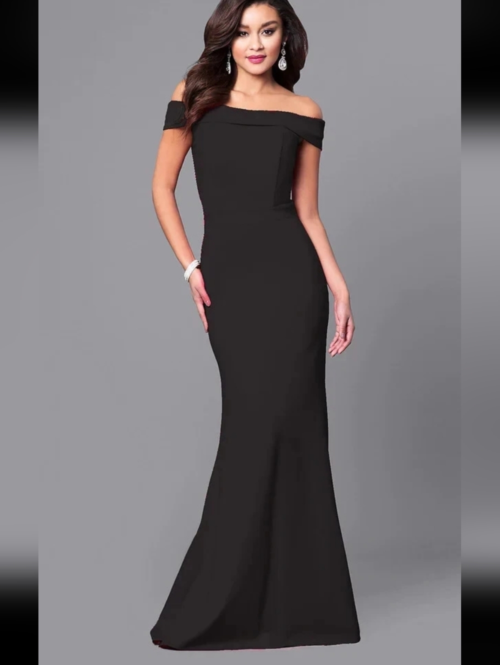 SHERRI HILL Black Scuba Mermaid Off Shoulder Bodycon Maxi Gown Dress